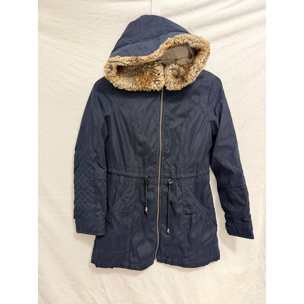 Apt 9 Womens Navy Blue Faux Fur Hooded Parka Jacket Cinched Waist Size M